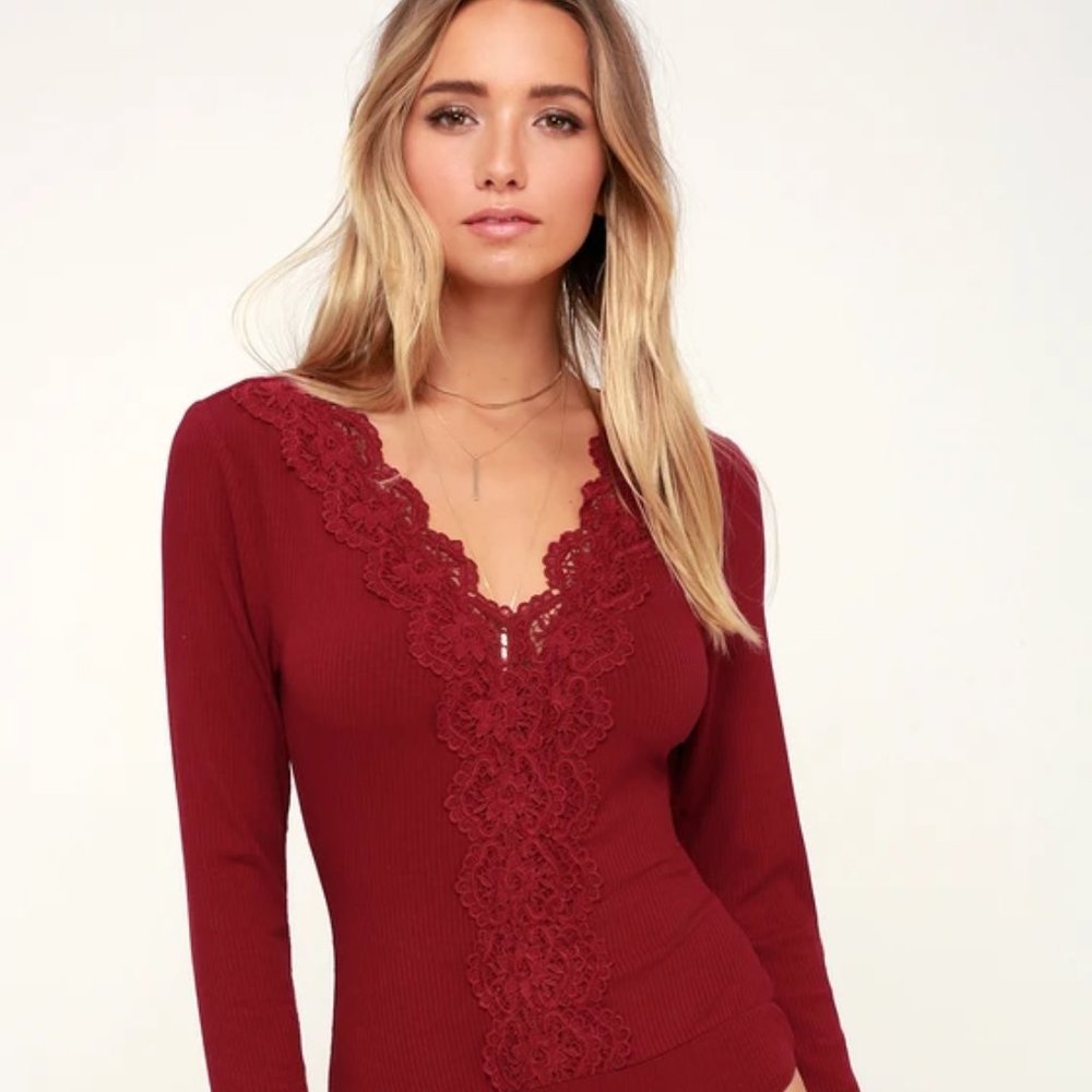 Lulus Come Back To You Wine Red Lace Long Sleeve Bodysuit in Wine Red